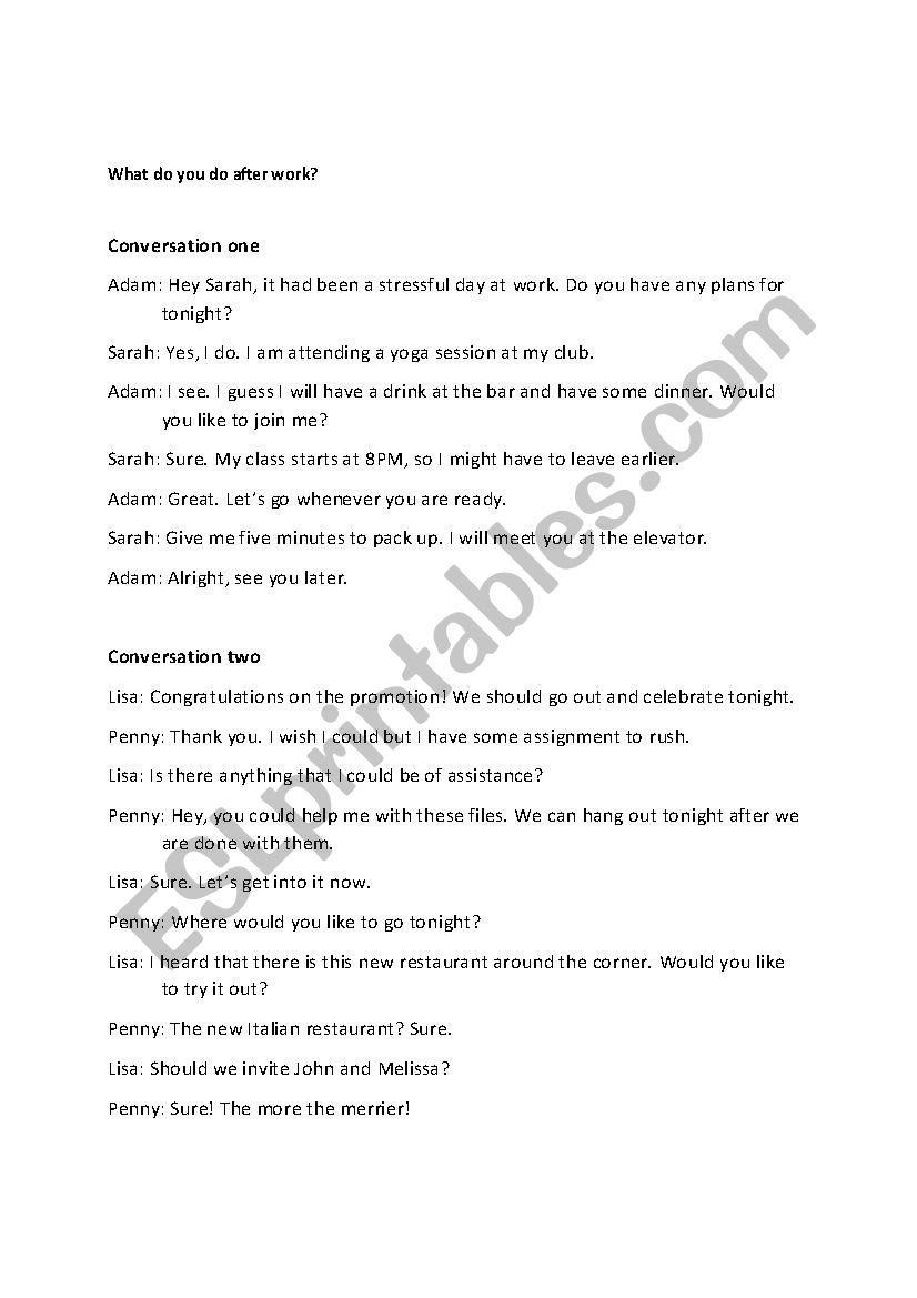 What do you do after work? worksheet