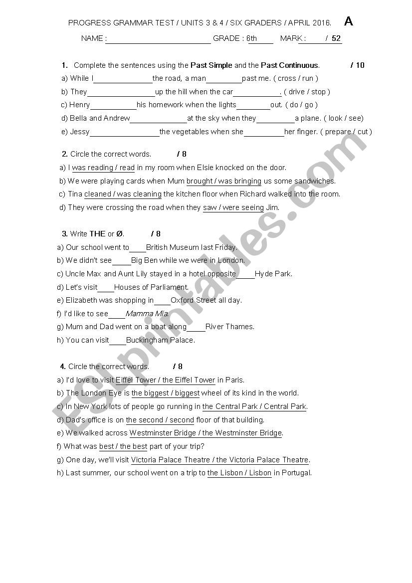 Past tenses, Articles worksheet