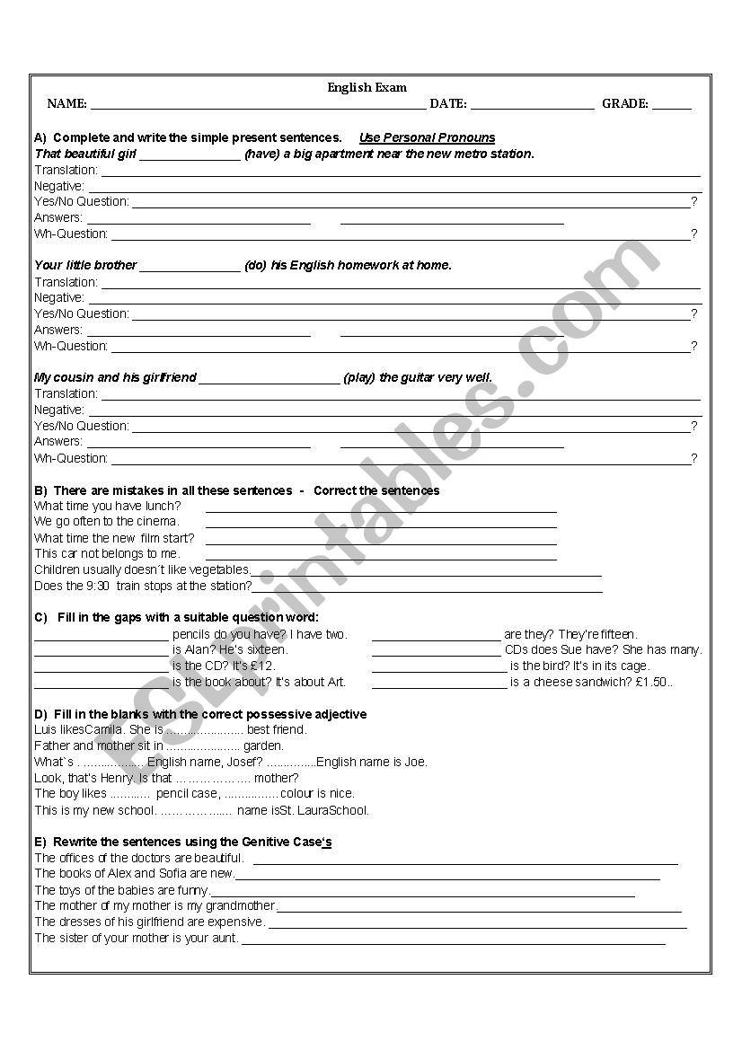 EXAM ON PRESENT SIMPLE worksheet