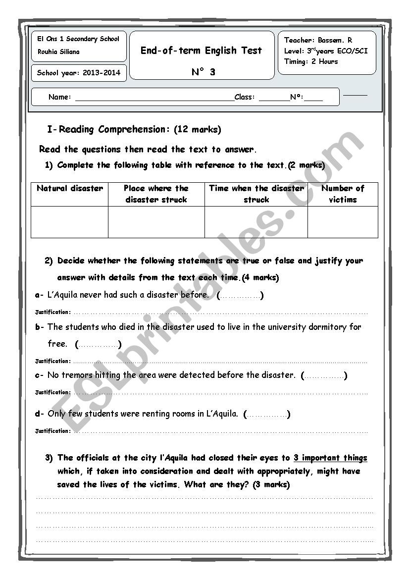 third year exam 3 worksheet