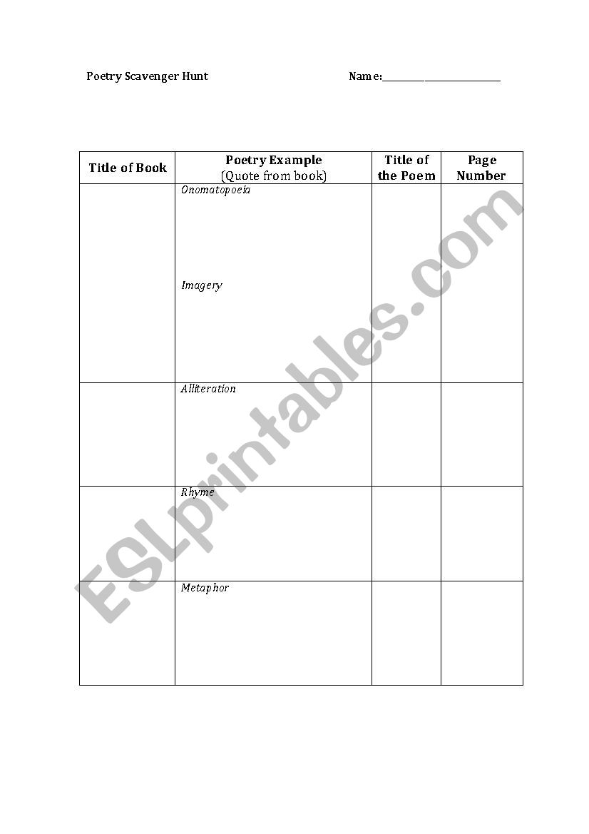 Poetry Scavenger Hunt worksheet