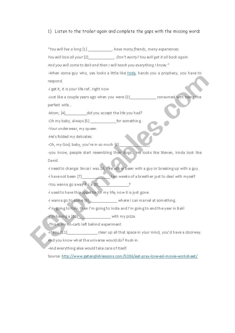 eat pray love worksheet