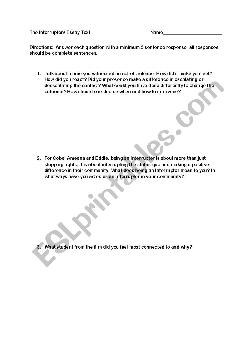 The Interrupters Essay Test worksheet