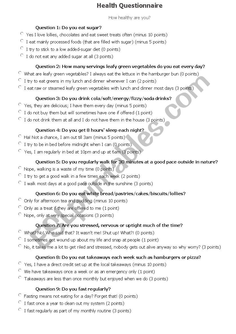 health questionnaire worksheet