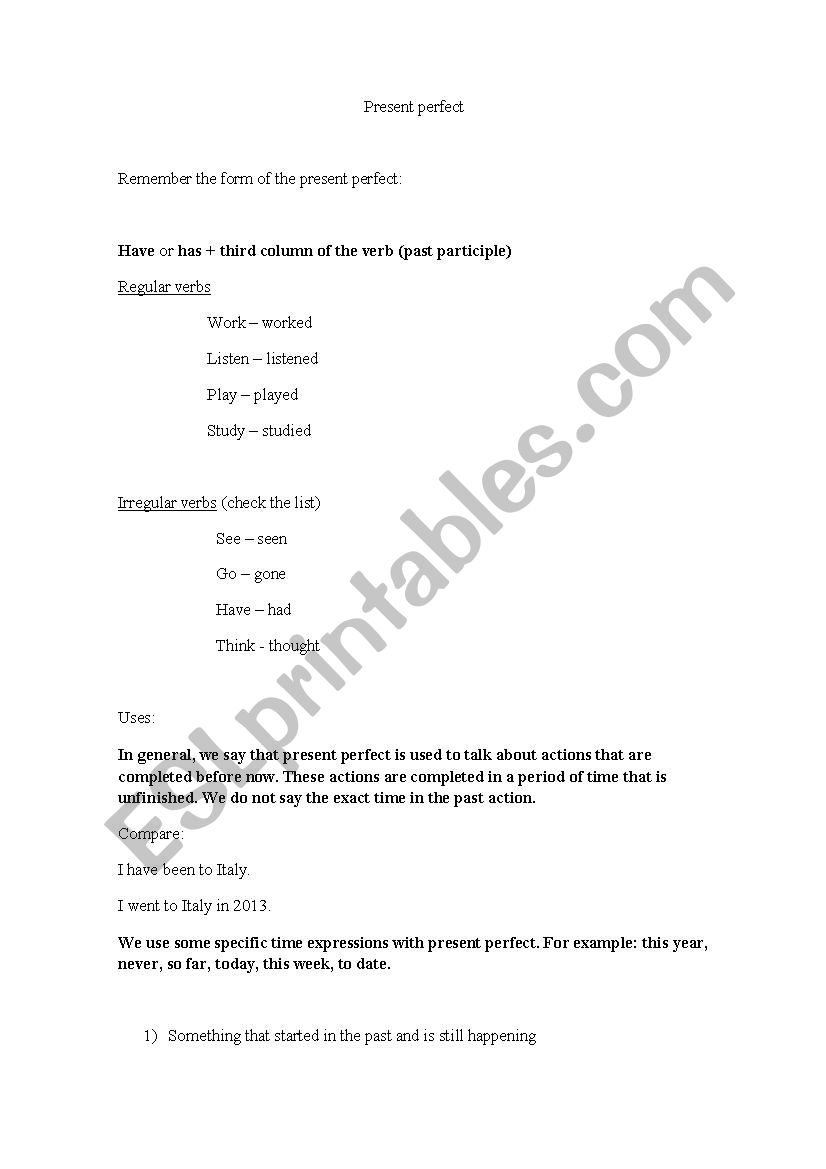 Present perfect beginners worksheet