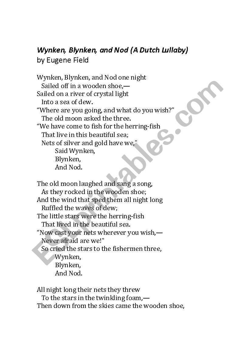 Wynken, Blynken and Nod worksheet