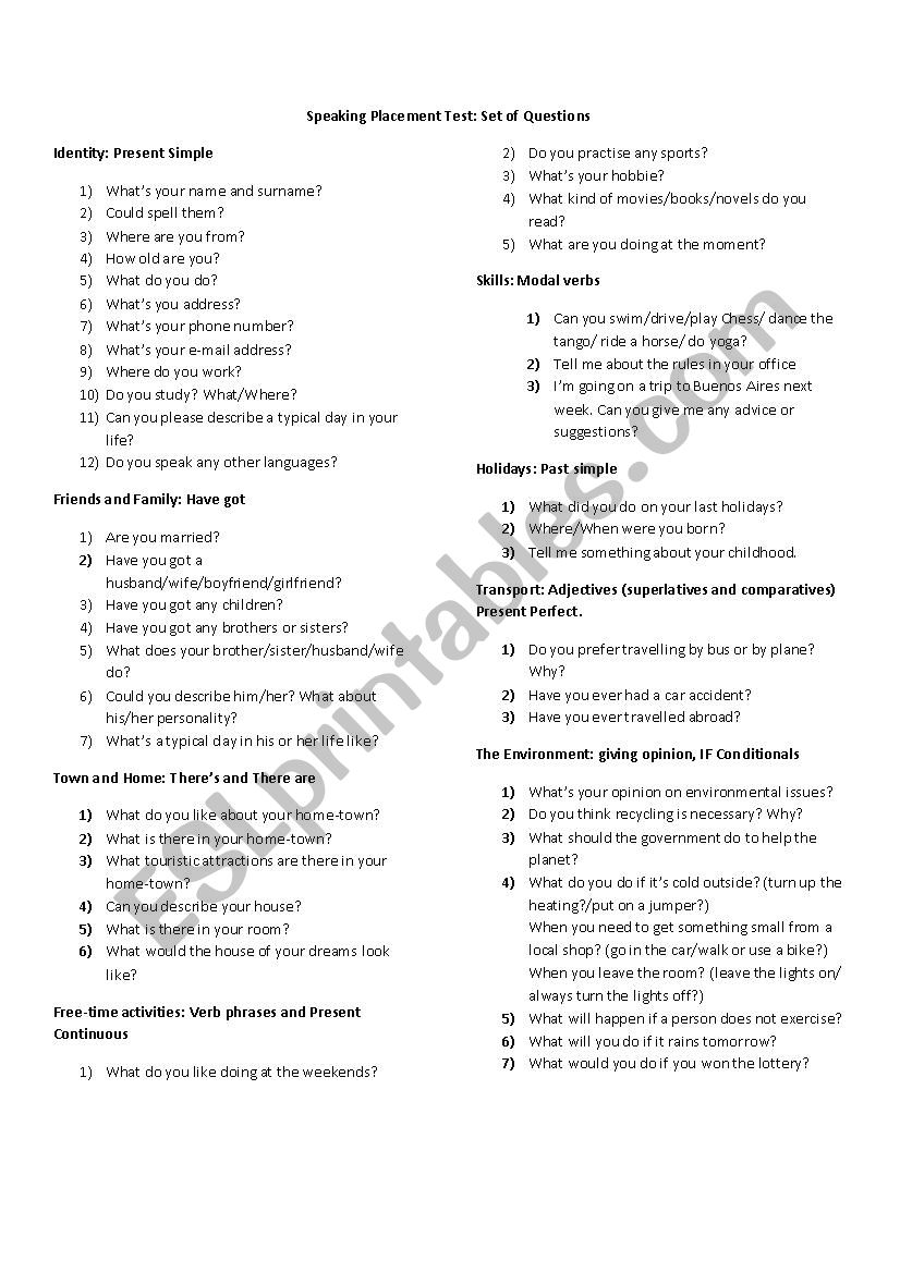 Speaking Placement Test worksheet