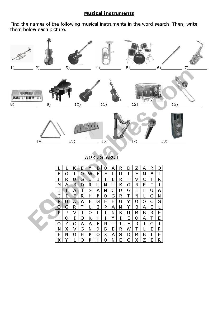 Musical instruments worksheet