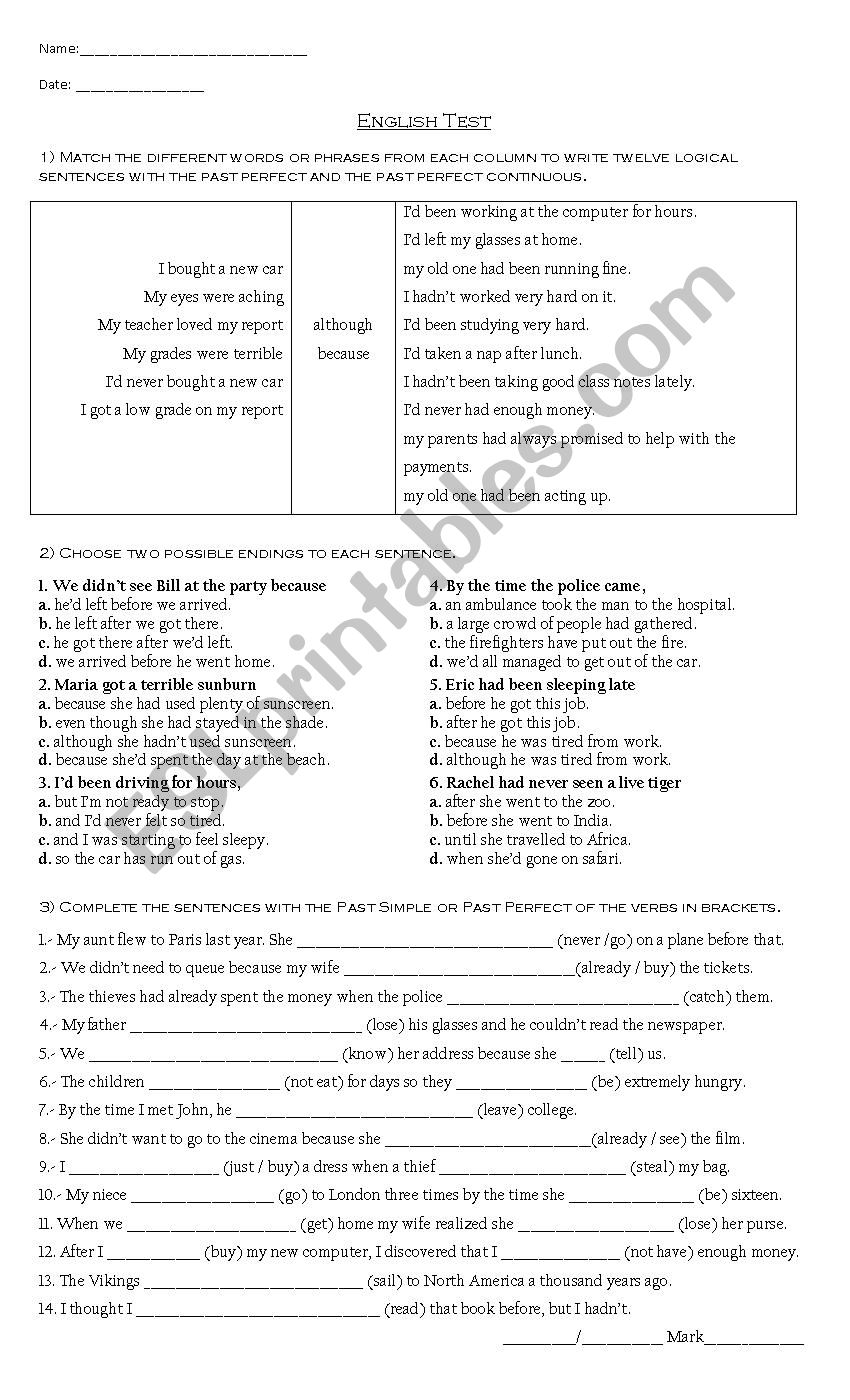Past Perfect Test worksheet