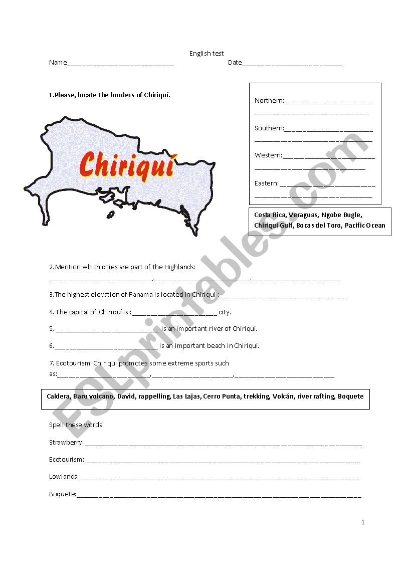 CHIRIQUI THE MOON VALLEY test worksheet
