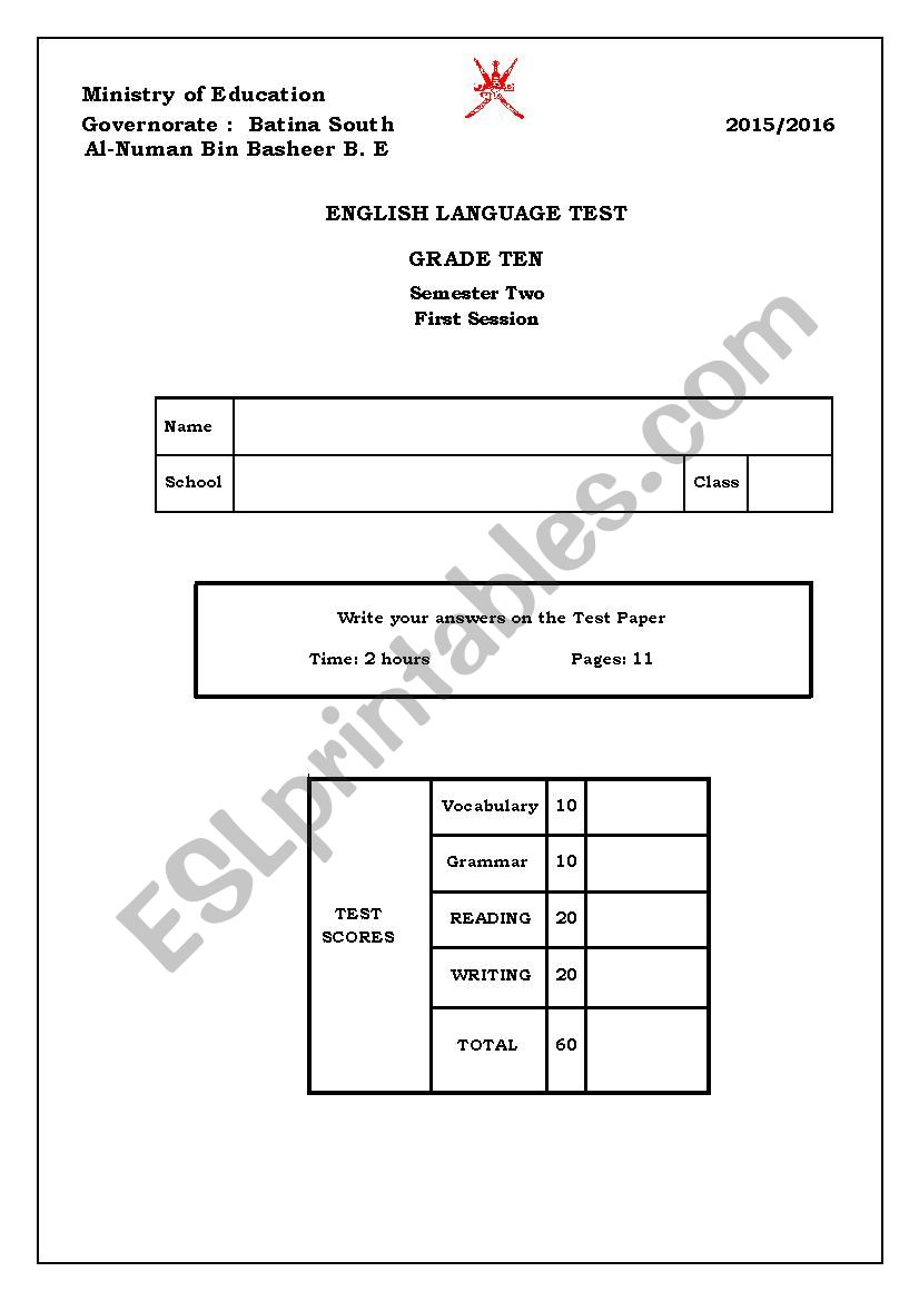 grade 10 final test worksheet