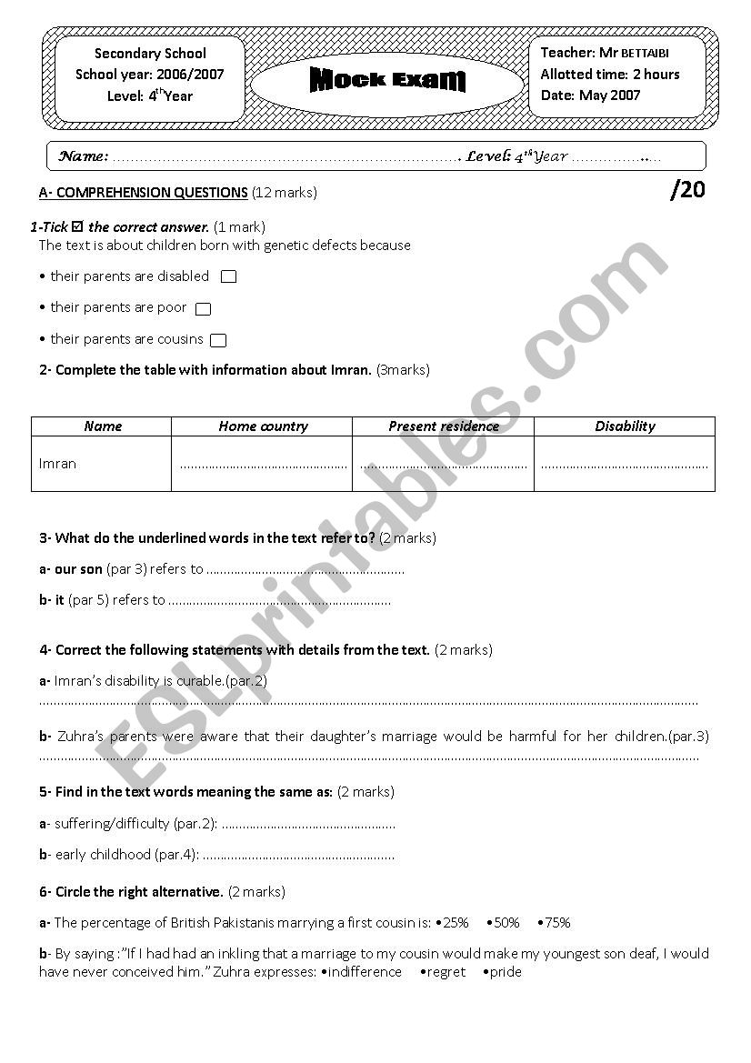  mock exam 2016 worksheet