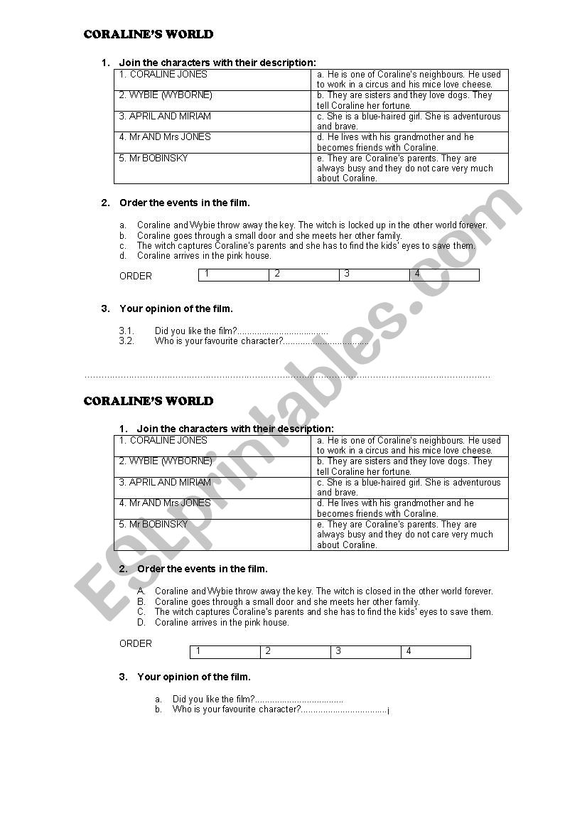 CORALINE worksheet