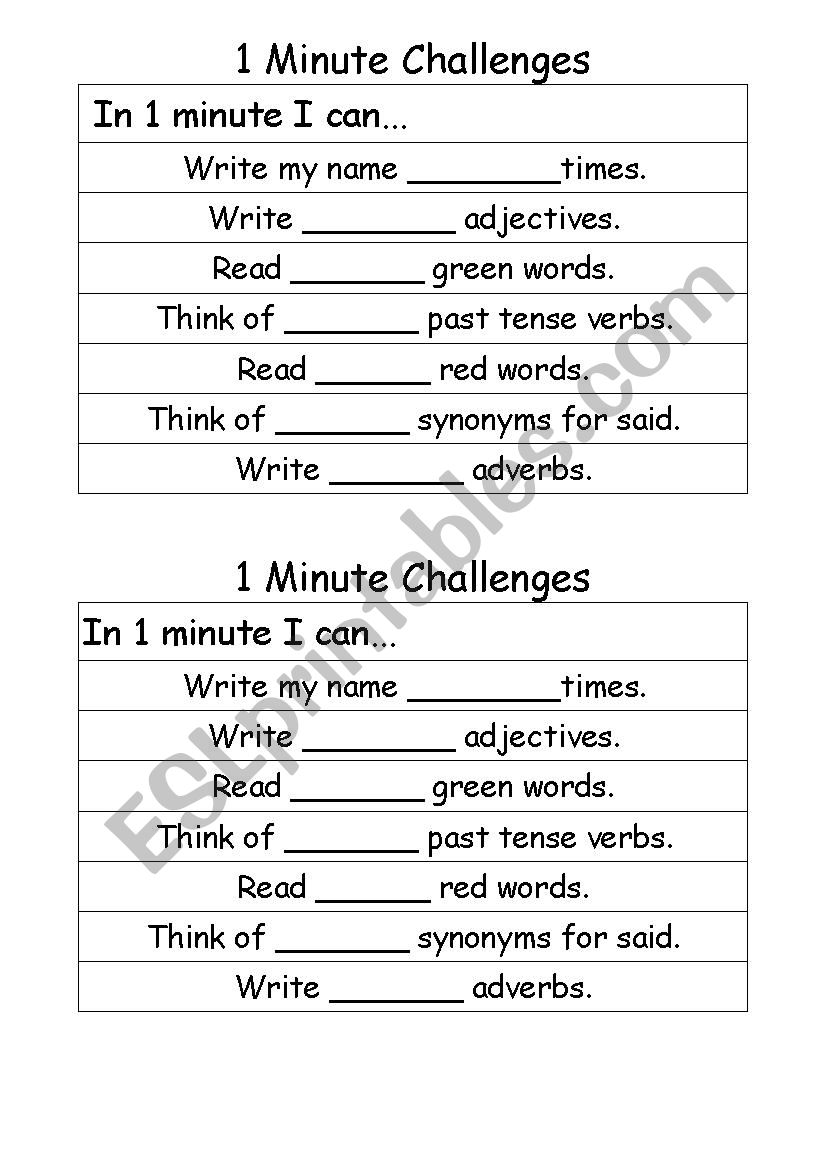 1 Minute English Challenges - ESL worksheet by sarahkersh91
