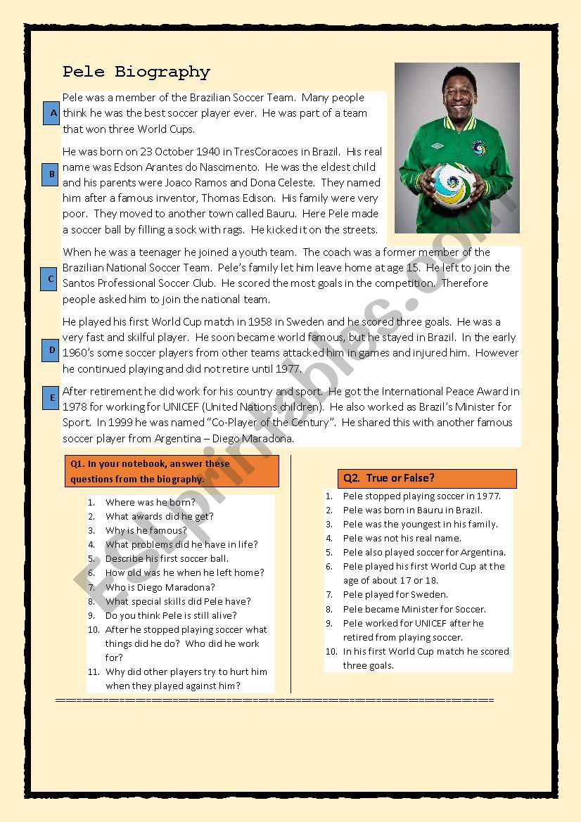 Pele Biography worksheet