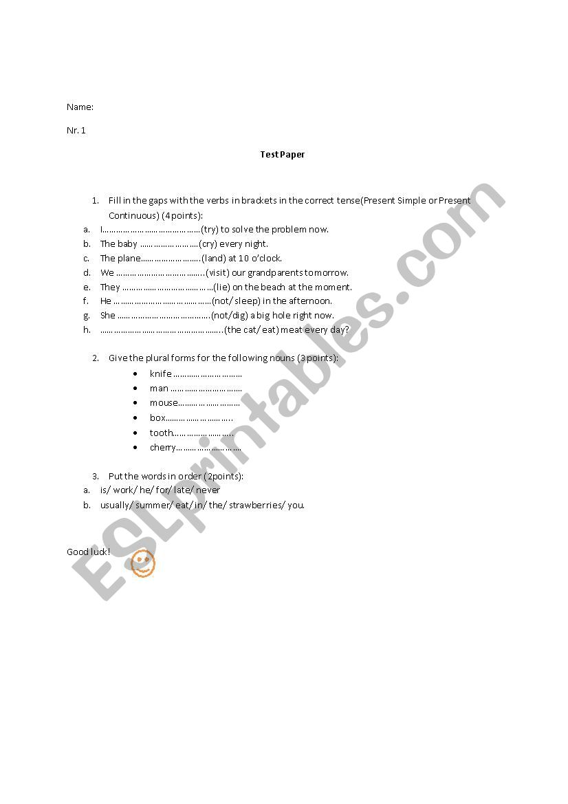 Test Paper Present Simple and Present Continuous