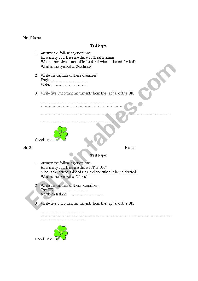 Test Paper-British Culture and Civilisation