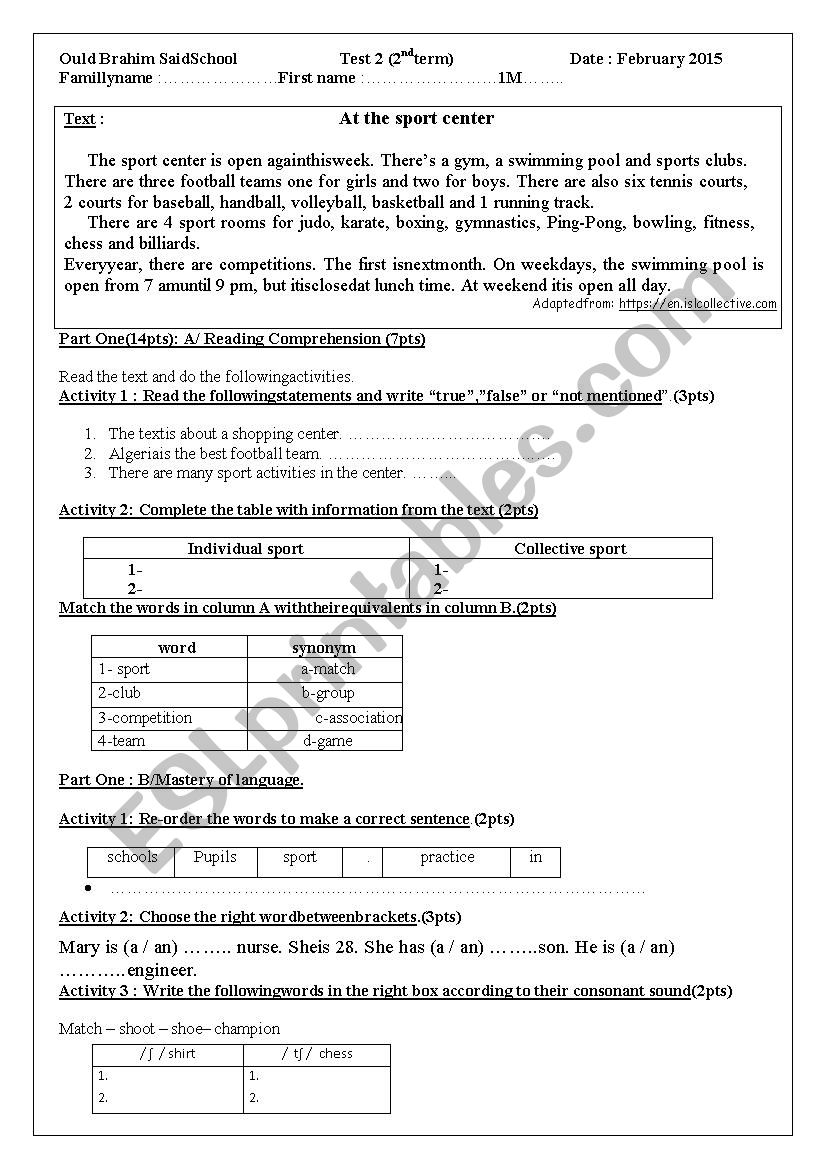 MS 1 SECOND TERM TEST  worksheet