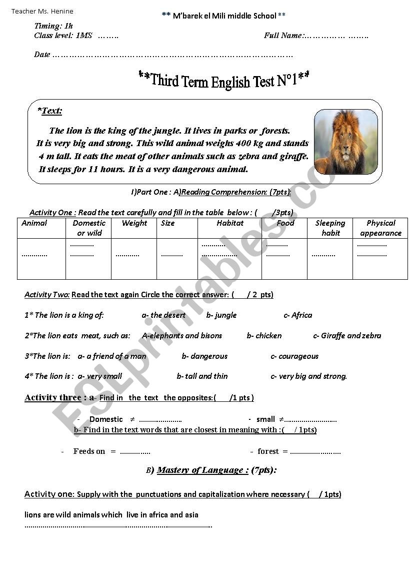 1MS 1 THIRD TERM TEST 2  worksheet