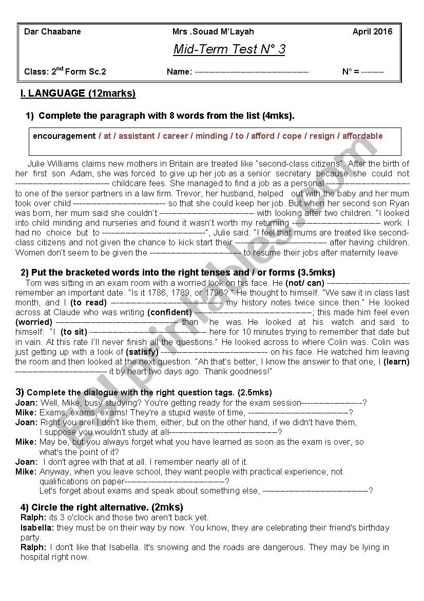 mid-term-test n 3 worksheet