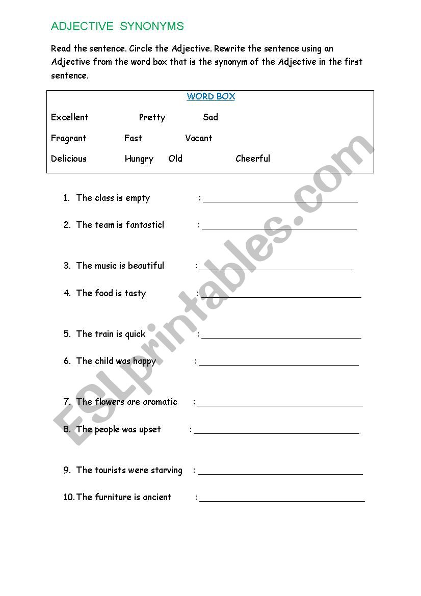 Adjective Synonym Esl Worksheet By Rafardhan