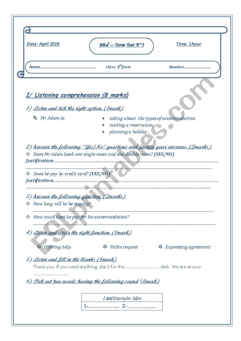 MID-TERM TEST 3 2016  8TH FORM