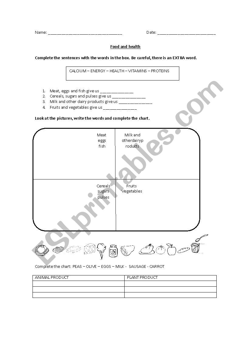 food and health worksheet