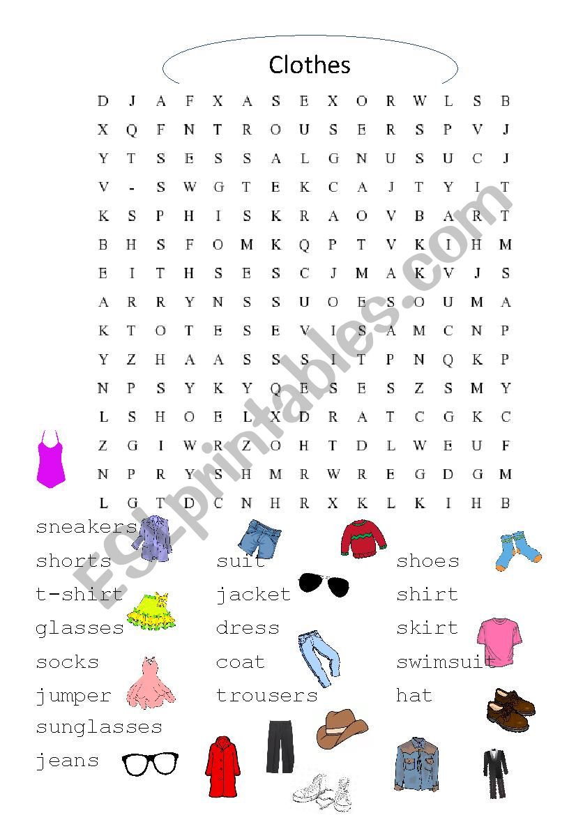 clothes wordsearch worksheet