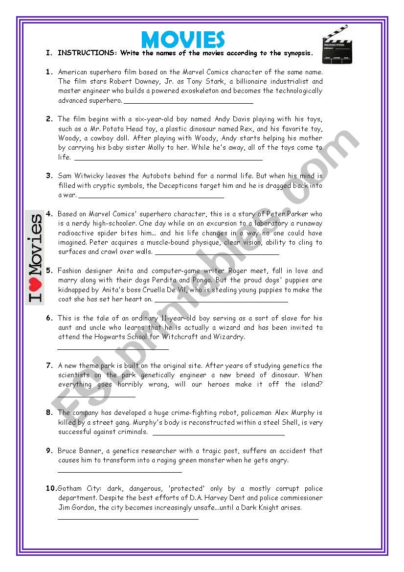 TYPES OF MOVIES worksheet