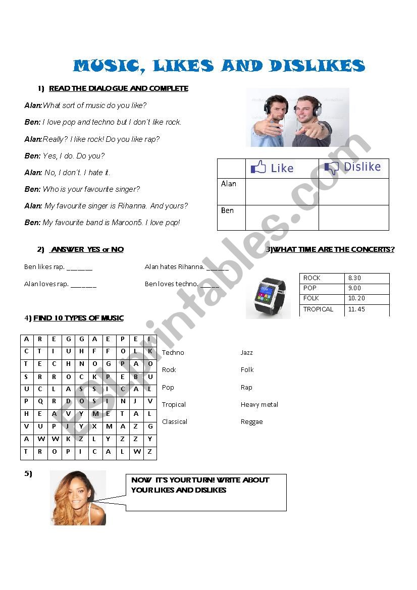 MUSIC LIKES AND DISLIKES worksheet