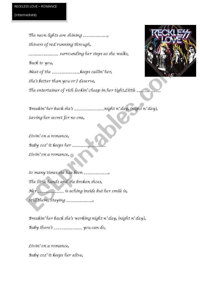 Reckless Love - Romance (Song Worksheet)