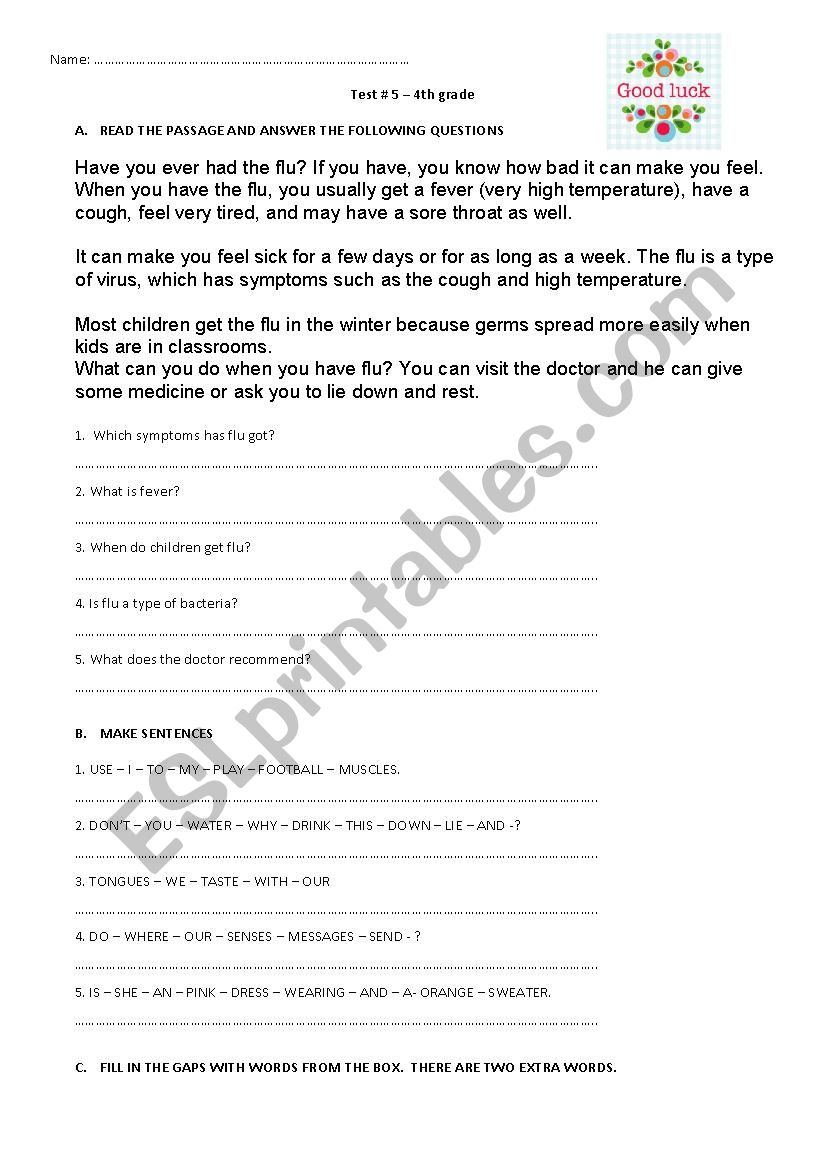 Health and ilnesses TEST worksheet