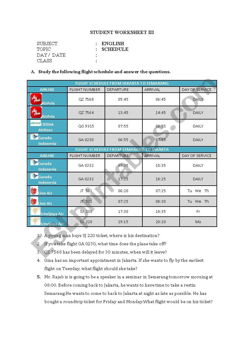 Schedule - ESL worksheet by marini_2