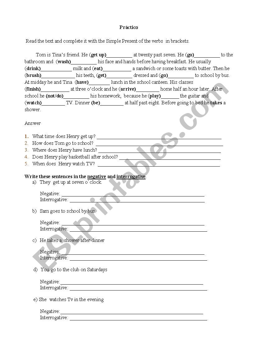 present simple and routines worksheet