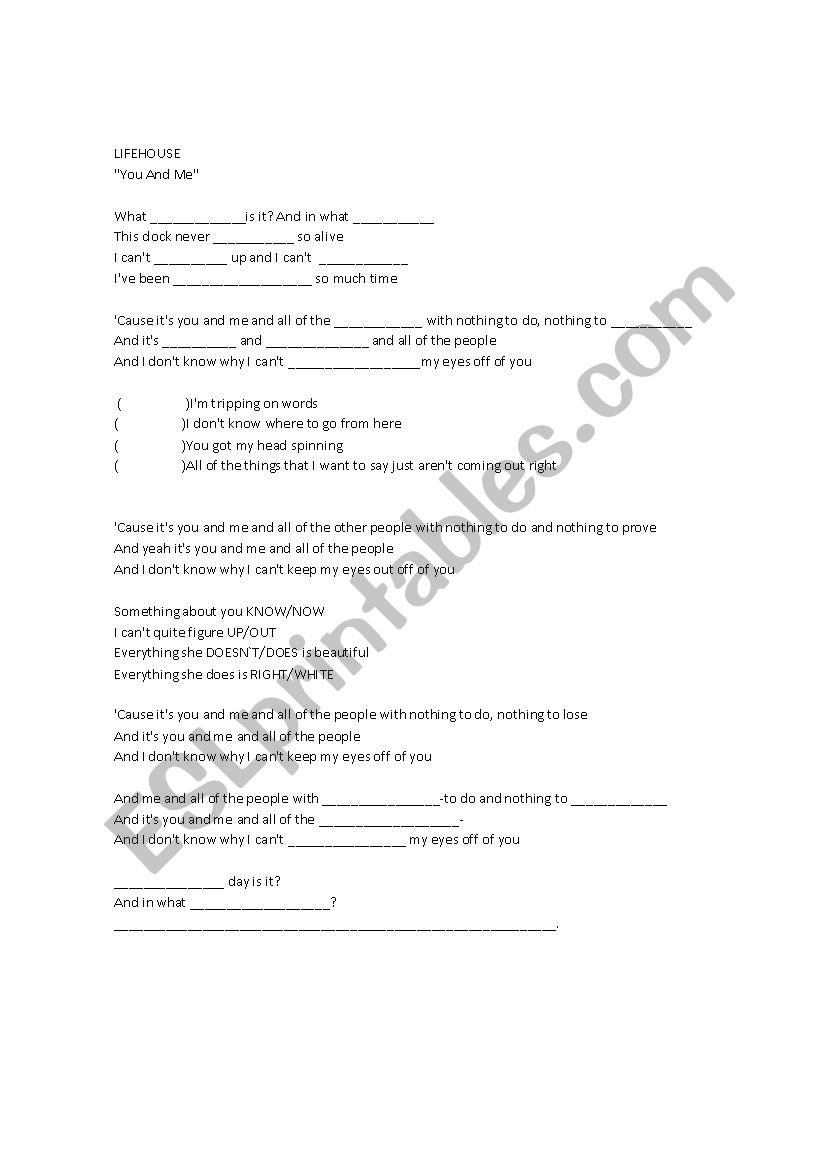 you and me lifehouse  worksheet