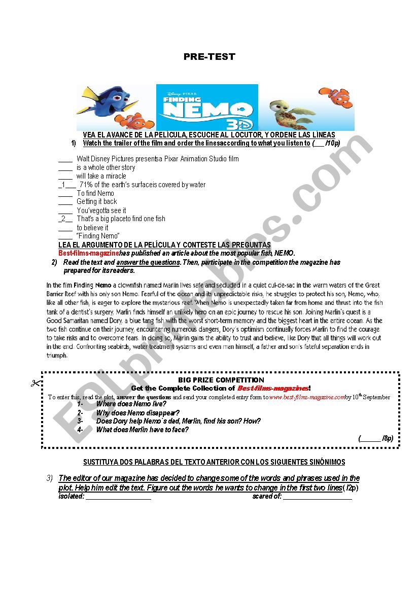 Test based on the film Nemo  worksheet