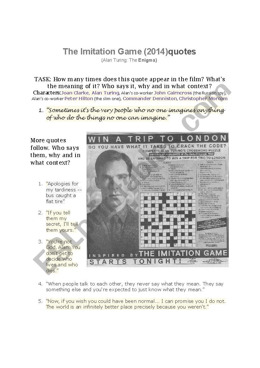 IMITATION GAME QUOTES and follow-up activity on Alan Turing and Joan Clarke.