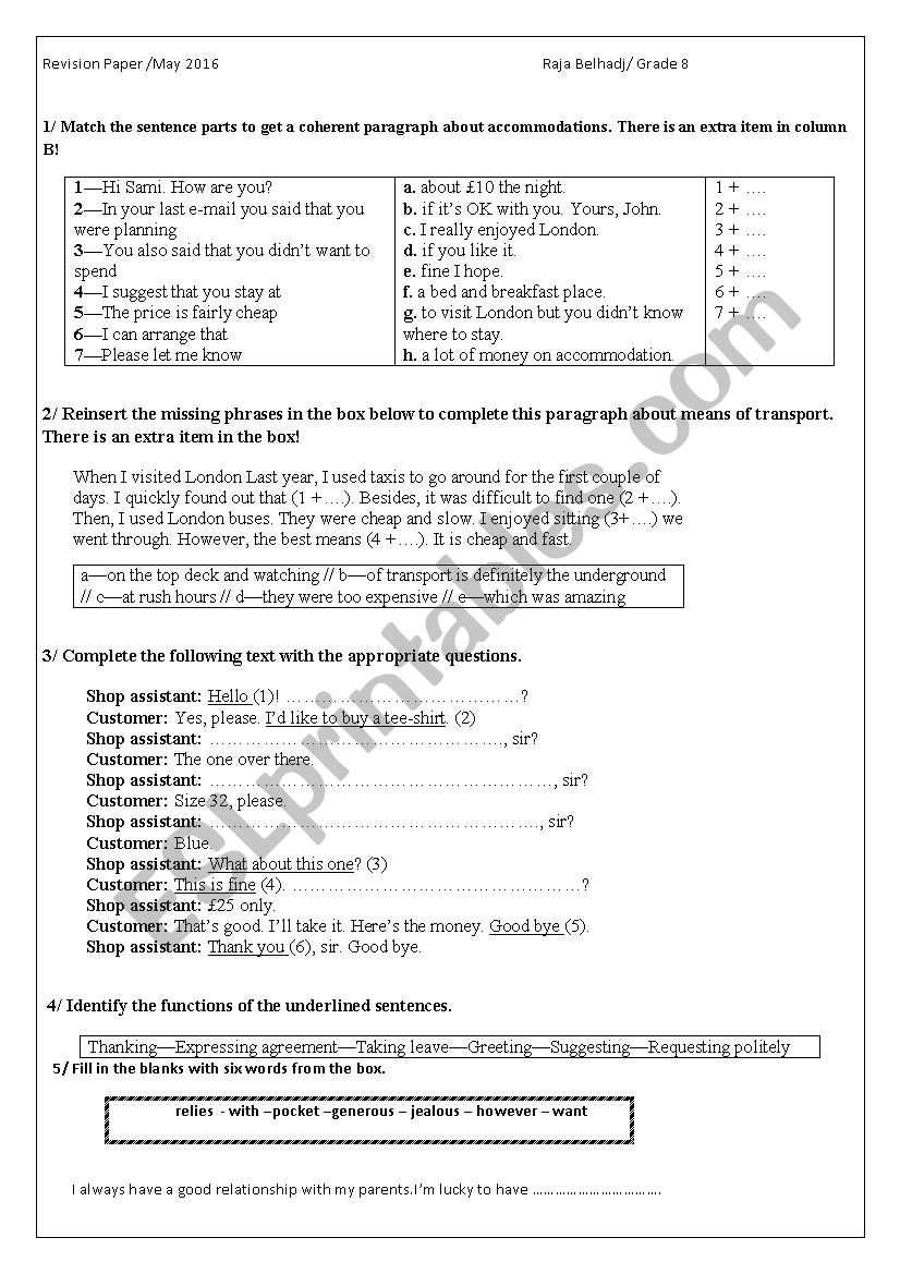 Revision paper module 4 and 5 grade 8 tunisian programme