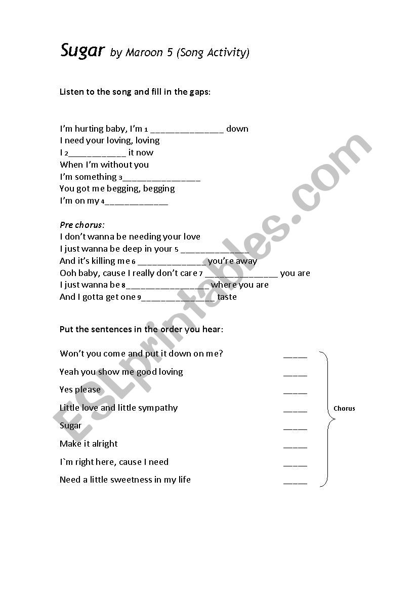Sugar, by Maroon Five worksheet