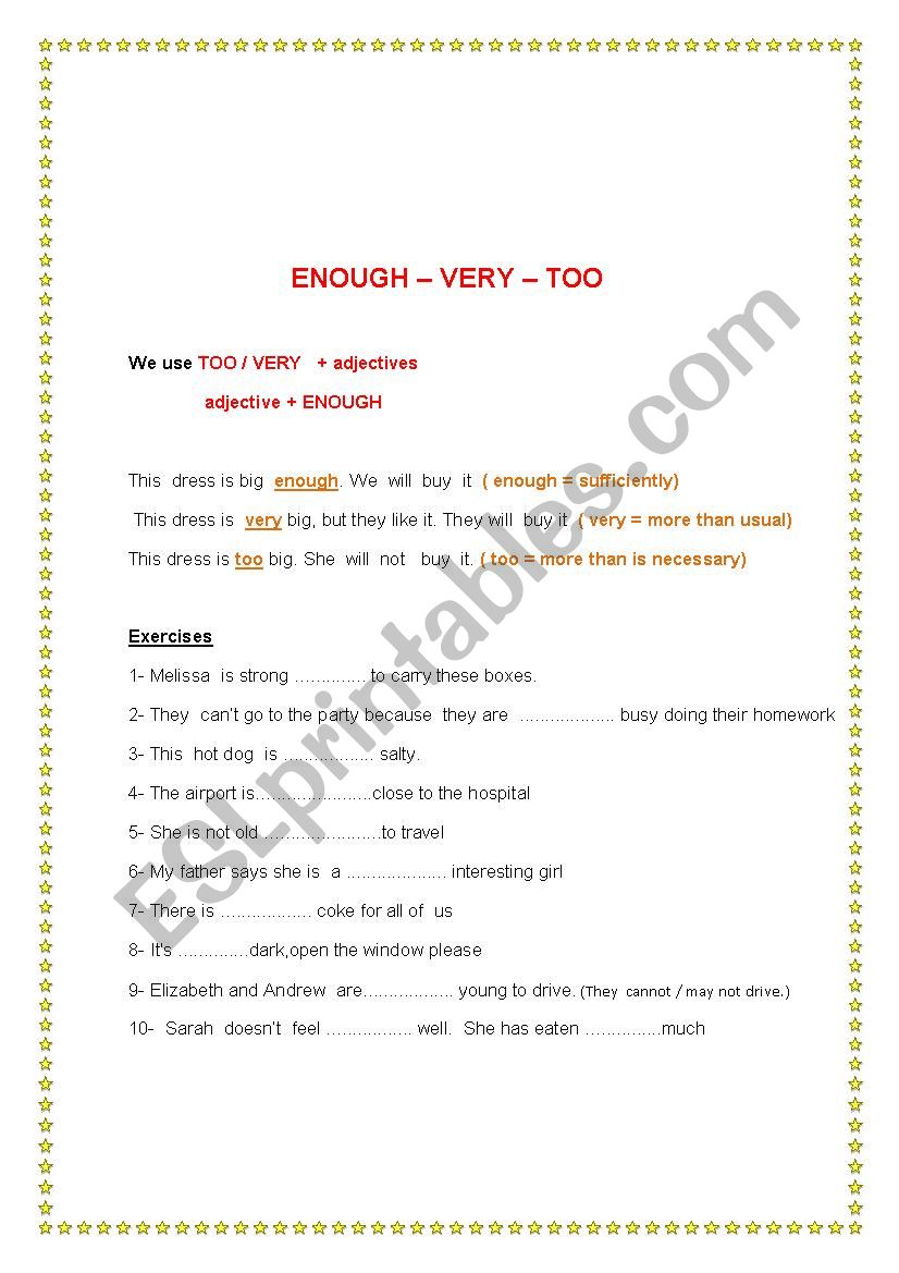 too, very and enough worksheet