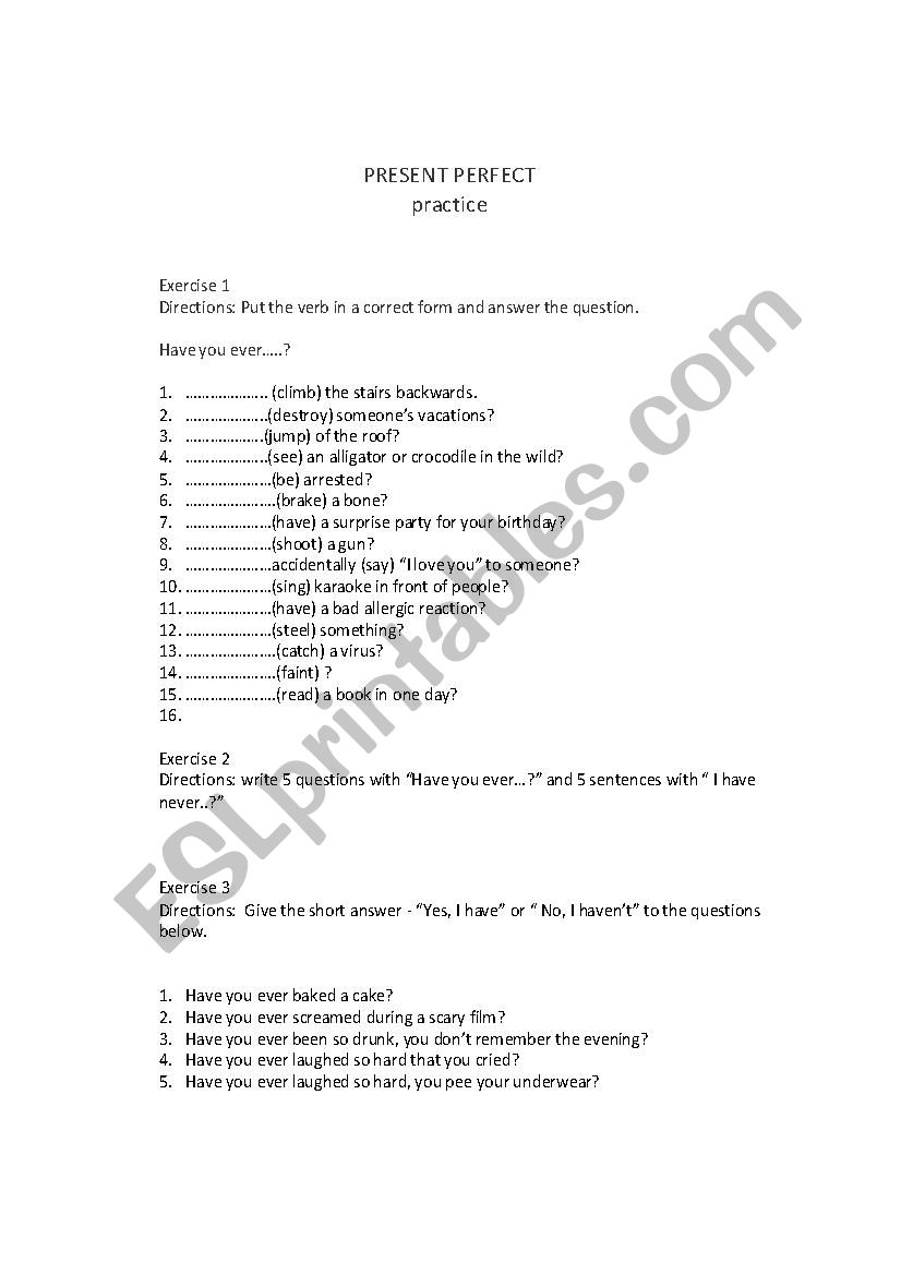 Present Perfect Practice worksheet