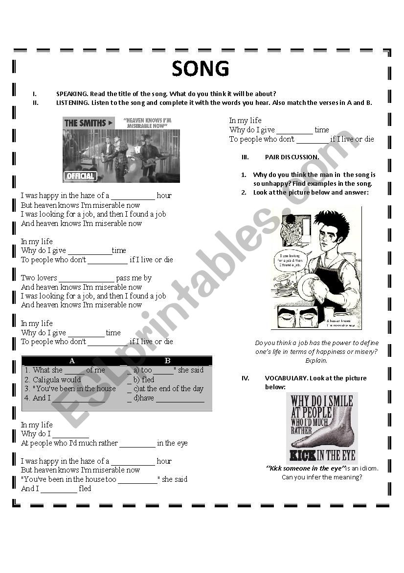 Heavens Knows I M Miserable The Smiths Esl Worksheet By Albus Dumbledore Heavens Knows I M Miserable The Smiths Esl Worksheet By Albus Dumbledore