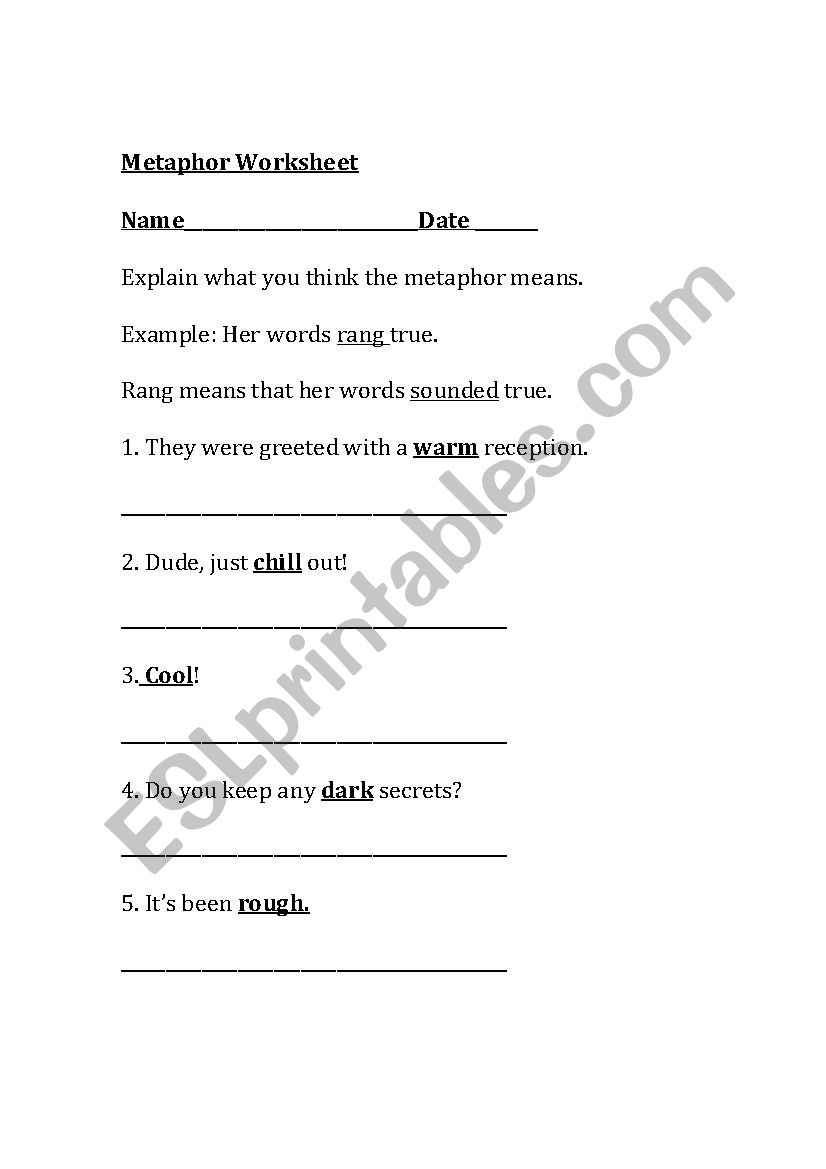 Metaphor Worksheet worksheet