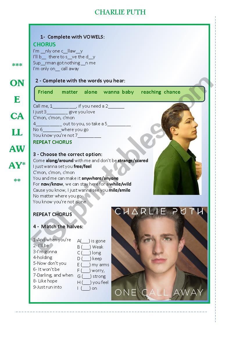 Charlie Puth - One Call Away worksheet