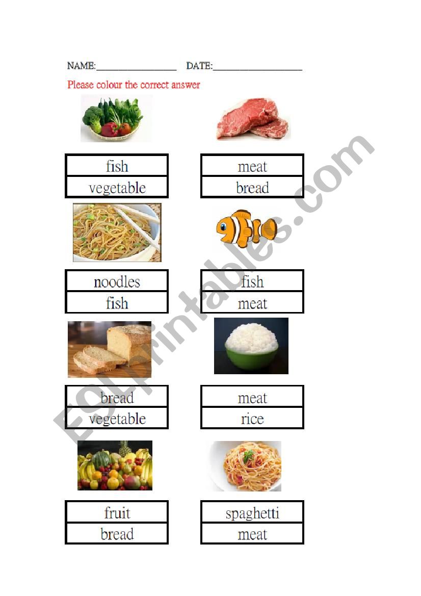 food worksheet