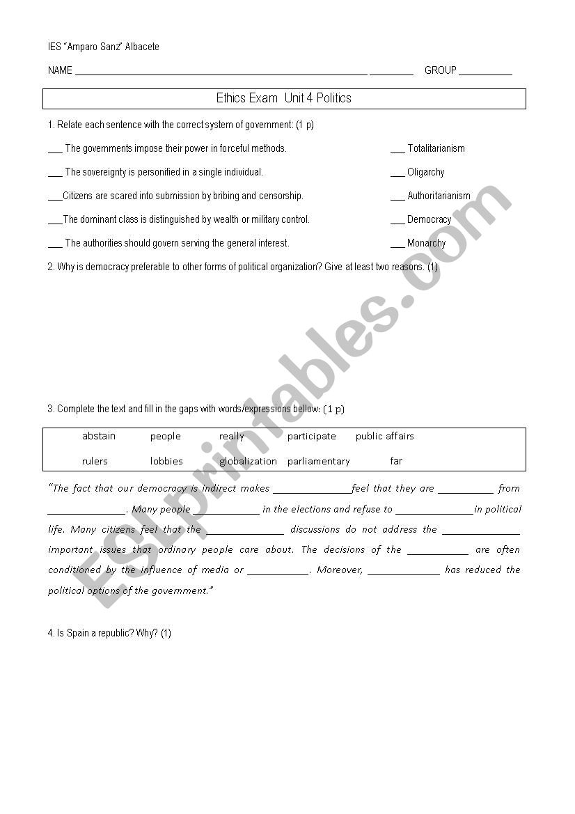 Exam Ethics worksheet