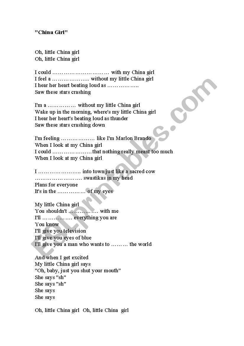 china girl song gap fill worksheet