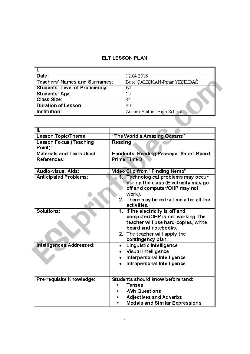 Oceans - Reading Lesson Plan worksheet