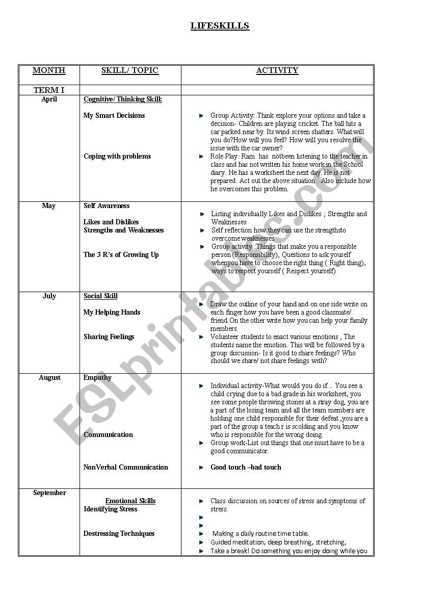 Life Skills worksheet