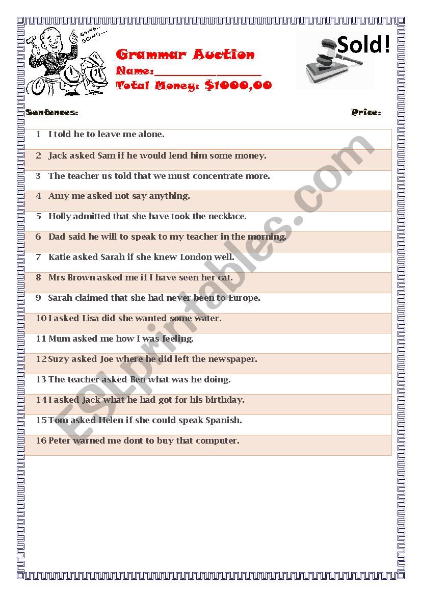 GRAMMAR AUCTION worksheet